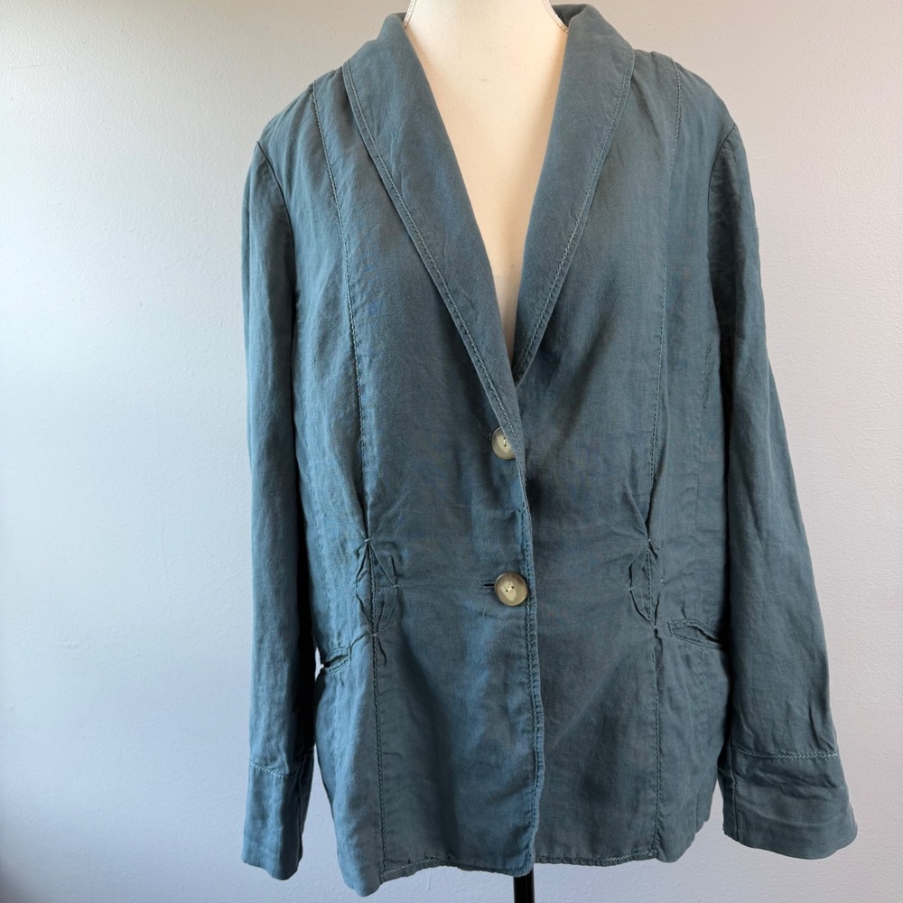 J. Jill Womens Large Blue Linen Two Button Blazer Jacket Teal Beach Summer